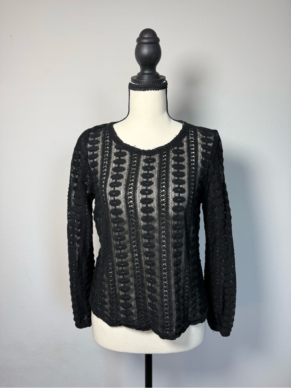Black Crochet Long-Sleeve Sheer Knit Top
